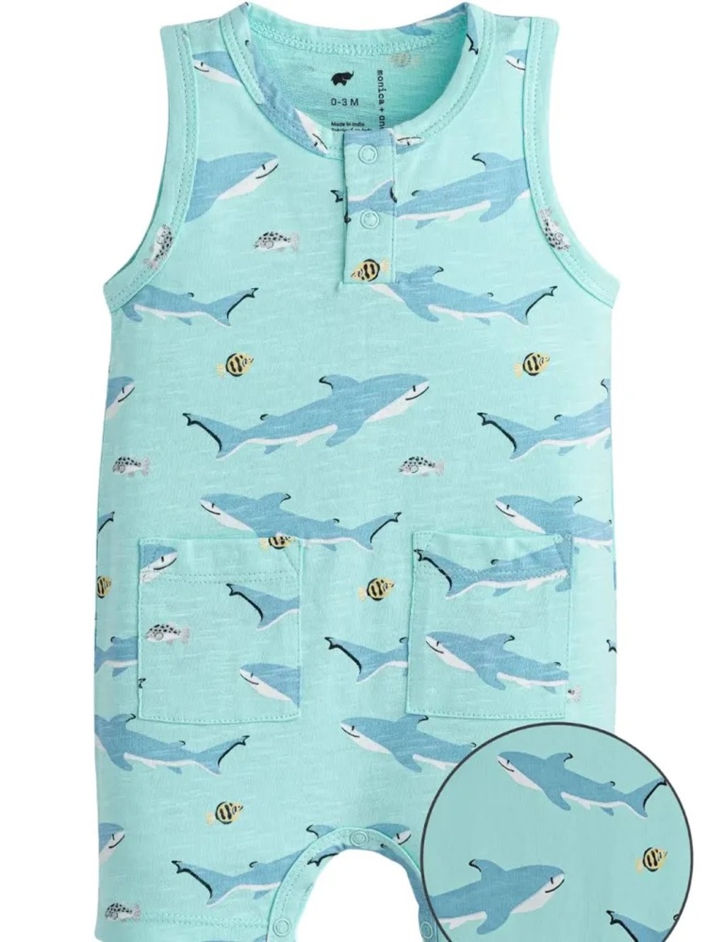 Monica + Andy Baby Boy Mint Shark-Print Sleeveless Romper